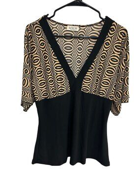 M.K.M Designs Black Beige Geometric 3/4 Sleeve V-Neck Top Preppy Minimalist